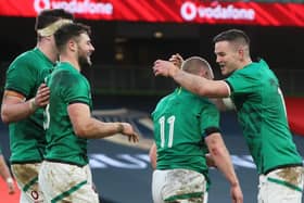 Keith Earls of Ireland celebrates after scoring their first try with Jnhnny Sexton during the Autumn Nations Cup match against Scotland at the Aviva Stadium on Saturday. (Photo by Brian Lawless - Pool/Getty Images).