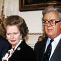 Margaret Thatcher with Geoffrey Howe at the 1985 Anglo Irish Agreement signing at Hillsborough Castle. By 1990 there were deep tensions between the pair, and the foreign secretary’s November 1990 resignation speech led to the prime minister’s downfall within days