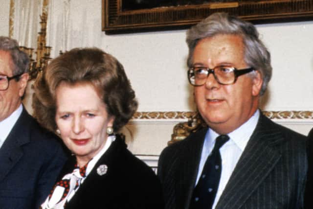 Margaret Thatcher with Geoffrey Howe at the 1985 Anglo Irish Agreement signing at Hillsborough Castle. By 1990 there were deep tensions between the pair, and the foreign secretary’s November 1990 resignation speech led to the prime minister’s downfall within days
