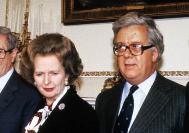 Margaret Thatcher with Geoffrey Howe at the 1985 Anglo Irish Agreement signing at Hillsborough Castle. By 1990 there were deep tensions between the pair, and the foreign secretary’s November 1990 resignation speech led to the prime minister’s downfall within days