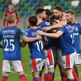 Linfield players celebrate Shayne Lavery's goal. Pic Colm Lenaghan/Pacemaker