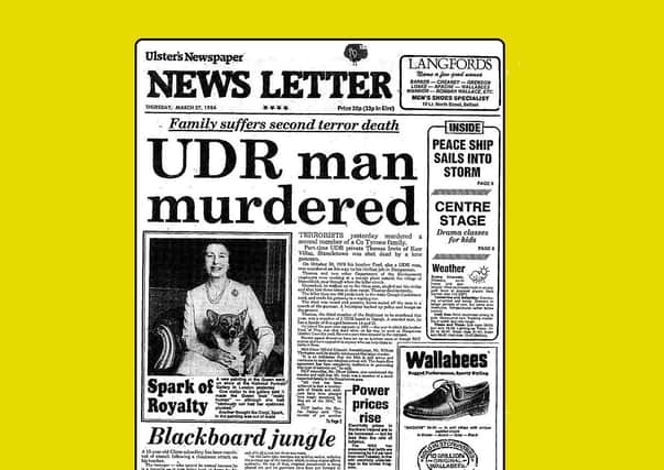 The News Letter’s front page in 1986, announcing news of Thomas Irwin’s murder; the copy on the page included condemnation of the killing from the DUP, SDLP, and even the Workers’ Party (linked to the Official IRA)