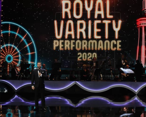 Host Jason Manford performing at the Royal Variety Performance in the historic Blackpool Opera House in the Winter Gardens Complex