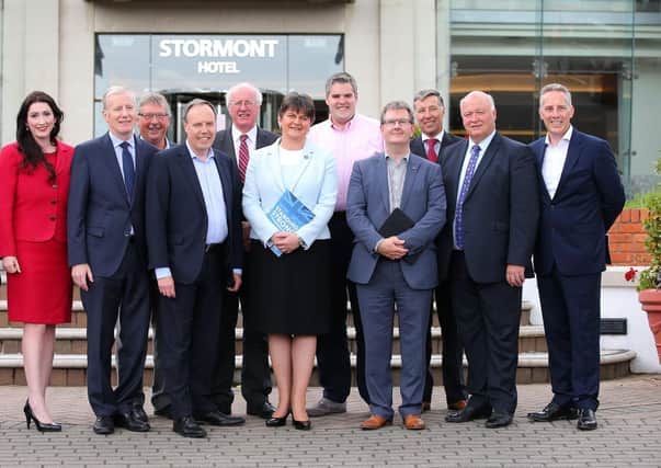 Arlene Foster and the then newly elected DUP MPs in June 2017. Last year the party backed Borish Johnson's regulatory border plan in the Irish Sea on October 2 2019. Lord Empey asks: "Can she now explain why the DUP didn`t block this proposal in October 2019 when they held the balance of power in the House of Commons?" 
Photo by Kelvin Boyes / Press Eye