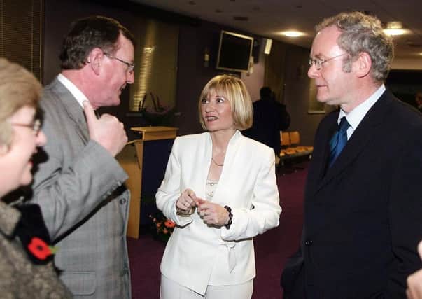 Martina Purdy at her book launch with David Trimble and Martin McGuinness