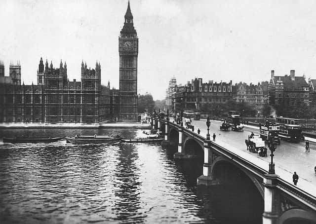 Westminster Bridge pictured here in 1928, it extends from the Houses of Parliament on the North side of the River to St. Thomas's Hospital on the Surrey side, and was built in 1869 at an approximate cost of £1,000,000. Picture: Wikimedia Commons