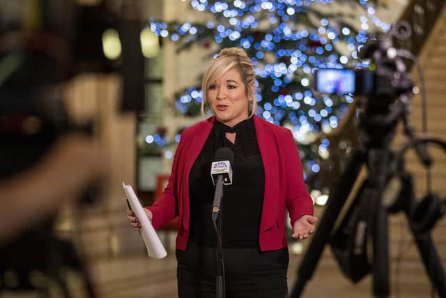 Deputy First Minister Michelle O’Neill gives her reaction to the first person in Northern Ireland receiving the vaccine against Covid 19, in the Great Hall of Parliament Buildings at Stormont.