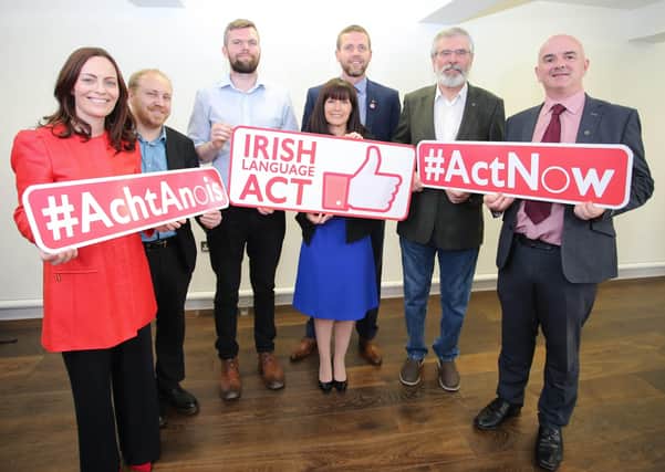 Non unionist politicians join language activists in 2017 to demand an Irish language act. Ultimately unionists, who Ben Lowry says now agree to almost everything, acquiesced in Irish legislation. From left Nicola Mallon MLA (SDLP), Steven Agnew MLA (Green Party), Gerry Carroll MLA (PBP), Paula Bradshaw MLA (Alliance), Gerry Adams TD (Sinn Fein) with President of Conradh na Gaeilge Dr Niall Comer and Ciaran Mac Giolla Bhein.

Picture: Philip Magowan / PressEye