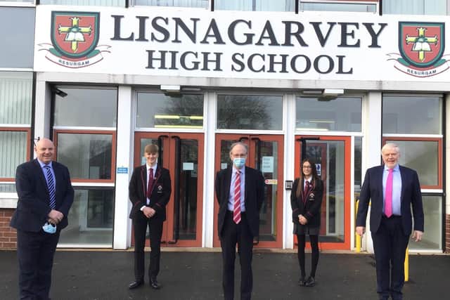 Education Minister Peter Weir met Principal Jim Sheerin, members of Board of Governors and political reps to discuss enrolment figures. The Minister also met pupils on the first day of their winter exams.