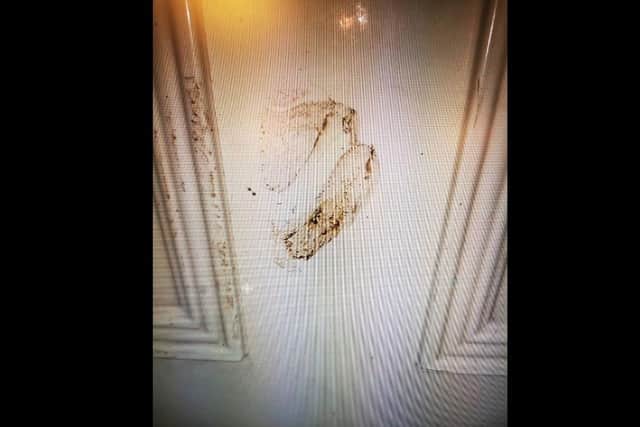 Muddy footprint on door.