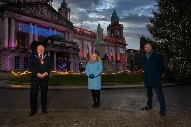 Kathleen McBride, Managing Director of Belfast One with Lord Mayor of Belfast City Council Alderman Frank McCoubrey and the Chief Executive of Belfast Chamber Simon Hamilton