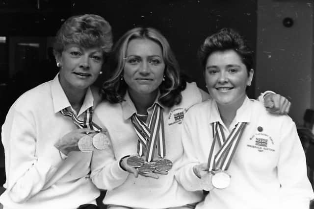 These winning women certainly knew how to go for gold. After the World Transport Games in Innsbruck, Austria, in September 1987, they returned with seven of the precious metal medals. And at a reception in Belfast's City Hospital in October 1987, Jackie Smiley, left, and Janet Greeves, centre, both from Belfast, and Janet Coleman from Newry. All three women had undergone kidney transplants. Picture: News Letter archives