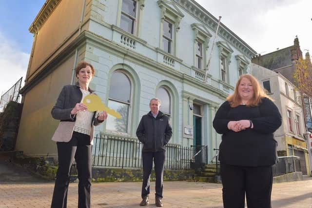 Justice Minister Naomi Long (right) with Alison Gordon of Bangor Open House Festival and Paul Mullan of the Heritage Lottery Fund.