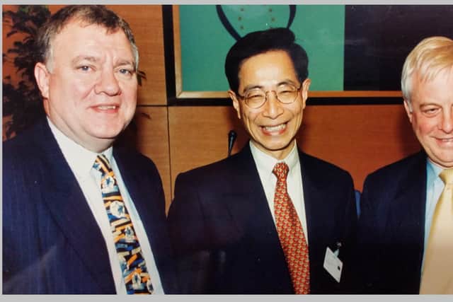 John Cushnahan, a former Alliance Party leader then Fine Gael MEP, who was European Parliament Rapporteur for Hong Kong from 1997 to 2004 after Hong Kong was handed back to China. Pictured in about 2002 with Martin Lee, leader and founder of Hong Kong Pro-Democracy Movement and Chris Patten, EU External Relations Commissioner and before that the last governor of Hong Kong