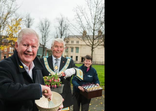 Julian Simmons is pictured with Provincial Grand Master John McLernon and Linda Robinson, Chief Executive of Age NI launching the initiative. 