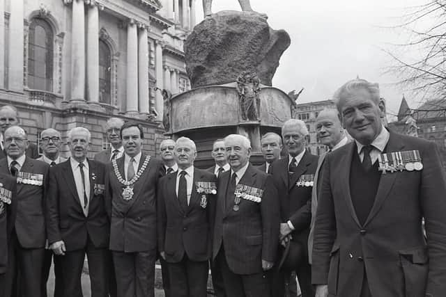 Shakespearian actor Roy Purcell, right, with Lord Mayor Nigel Dodds and members of the Royal Ulster Rifles Association at Belfast's City Hall in December, where they gathered to lay a wreath in memory of those who died at the battle of Stormberg on December 10, 1899, in South Africa during the Boer War. Mr Purcell was awarded the Military Cross while serving in the Ulster Rifles in Normandy during the Second World War. Picture: News Letter archives