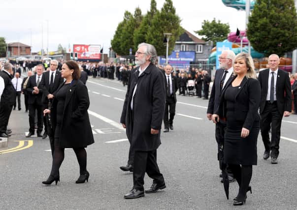 Sinn Fein president Mary Lou McDonald, former president Gerry Adams and the party's Stormont leader Michelle O'Neill at the funeral of the IRA man Bobby Storey on June 30. Photo Pacemaker Press