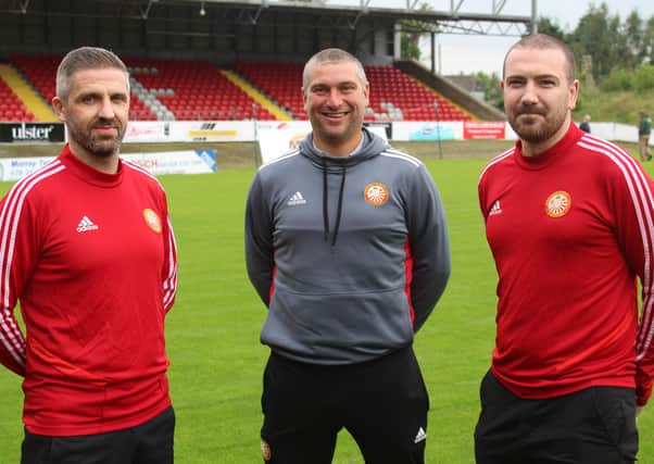 Portadown first-team manager Matthew Tipton (centre) with, from left, Steven Hyndes (Portadown under 20s manager) and Dean Crowe (Portadown under 20s assistant manager). Pic courtesy of Portadown FC.