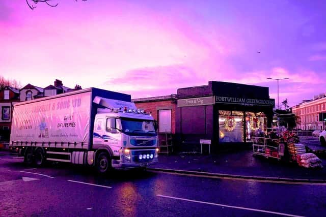 A lorry belonging to Brendan Donnelly’s firm delivering to a greengrocer’s shop in north Belfast recently