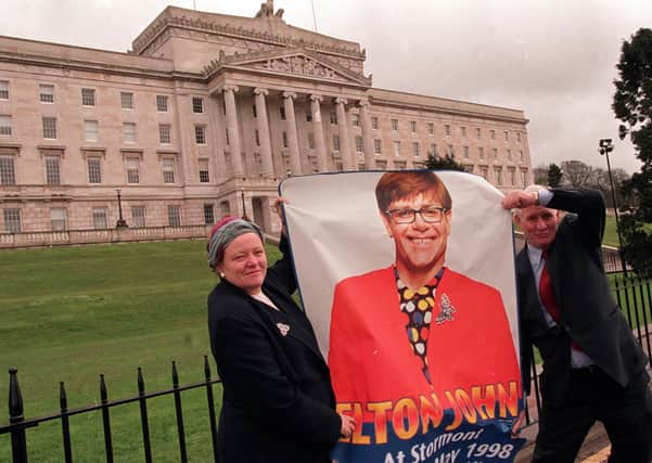 Secretary of State Mo Mowlam with  legendary promoter Jim Aiken to promote Elton John’s Stormont concert – part of a very strategic plan