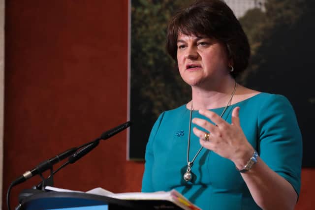 First Minister Arlene Foster at Parliament Buildings, Stormont during a Covid-19 press conference.