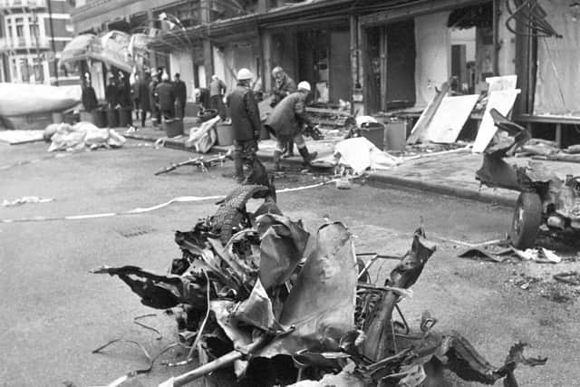 The aftermath of the IRA bomb at Harrods department store in London in which six people were murdered in  the busy run up to Christmas 1983