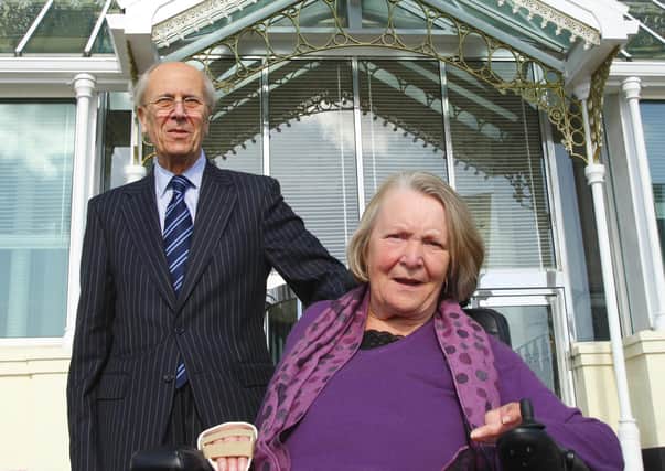 Lord Tebbit and his wife Margaret outside the Grand Hotel in Brighton, on the 25th anniversary of the 1984 bombing by the IRA.