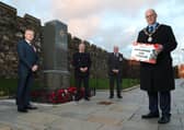 L-R: Alderman Paul Michael BEM, Veterans' Comissioner for NI Danny Kinahan, veteran Ron Harrison and Mayor of Antrim and Newtownabbey, Councillor Jim Montgomery