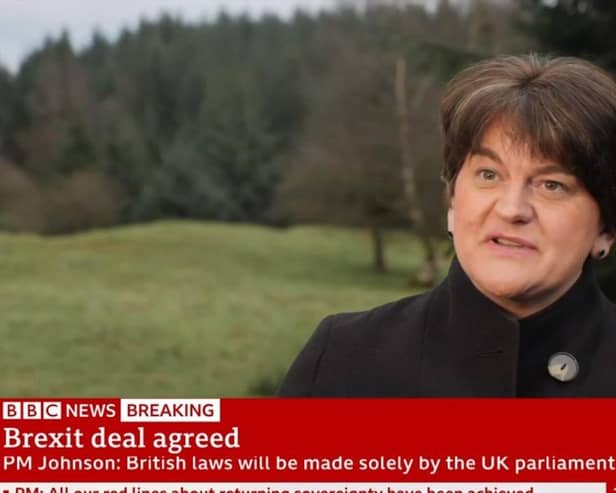 First minister and DUP leader Arlene Foster reacts to news of the Brexit deal on December 24 2020