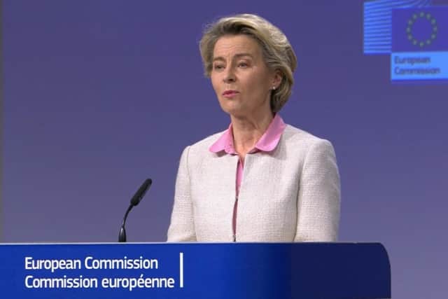 European Commission president Ursula von der Leyen during a media briefing today in Brussels, on the agreement of a post-Brexit trade deal. Photo: PA Video/PA Wire