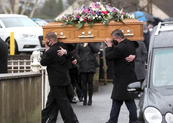 The coffin of 28 year old Kirsty Samantha Moffet, arrives at Waringstown Presbyterian church in Co Down. Photo: Stephen Davison