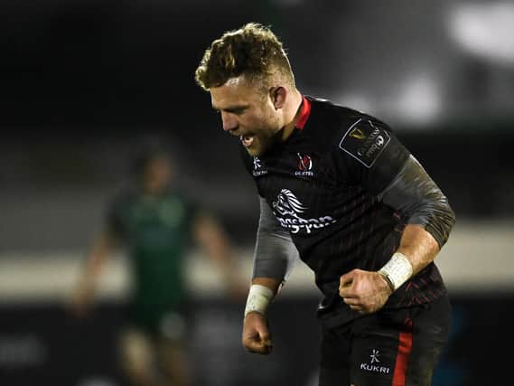 Ian Madigan of Ulster celebrates kicking a late penalty during the Guinness PRO14 match between Connacht and Ulster at The Sportsground