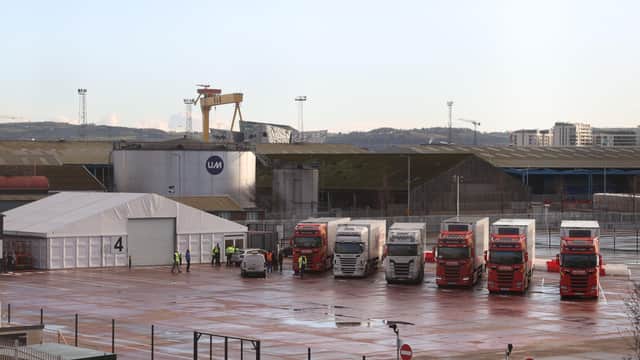 Lorries at the DEARA site near Belfast Harbour yesterday, January 1 2021, as the UK leaves the single market and customs union and the Irish Sea border becomes operational. Photo: Liam McBurney/PA Wire