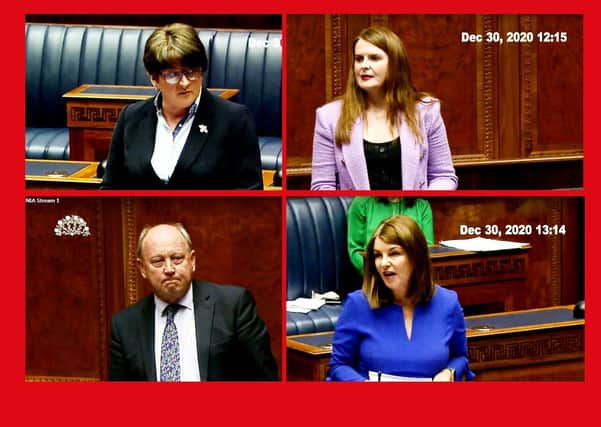 Clockwise: Arlene Foster, Caoimhe Archibald, Sinead McLaughlin, Jim Allister, all in the Assembly today