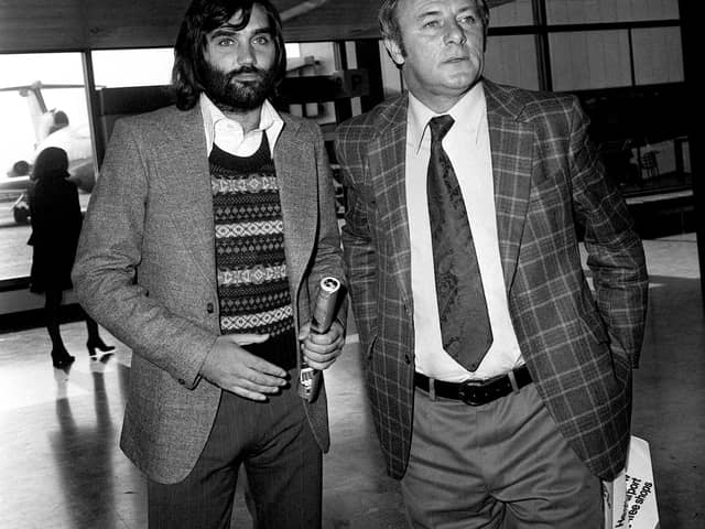 Tommy Docherty and George Best (left) pictured  at Heathrow Airport, in London, before leaving for Lisbon in 1973