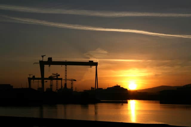 Dawn over the Harland & Wolff cranes in Belfast. The new year finds Northern Ireland still under certain EU rules as the rest of the UK enjoys full sovereignty again