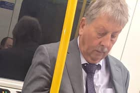 Sammy Wilson MP seen on the London underground without a mask earlier this year. He will begin to wear one in 2021, when everyone else stops, predicts Peter Robinson