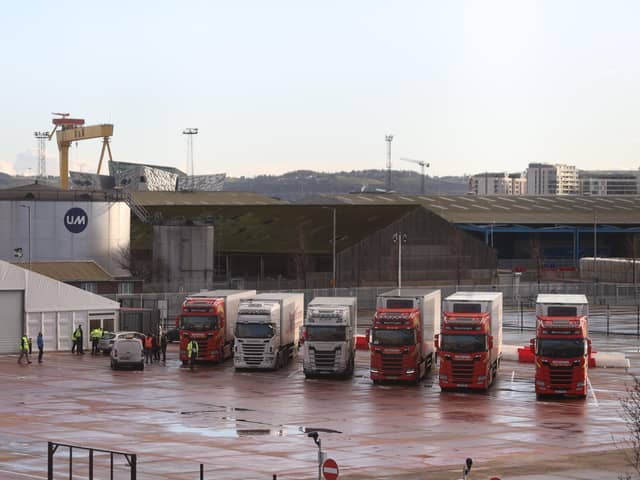 Lorries at the DEARA site near Belfast Harbour on Friday January 1 2021, the first day after Great Britain left the single market and customs union but a different arrangement came in for Northern Ireand, creating a trade barrier in the Irish Sea. Photo: Liam McBurney/PA Wire