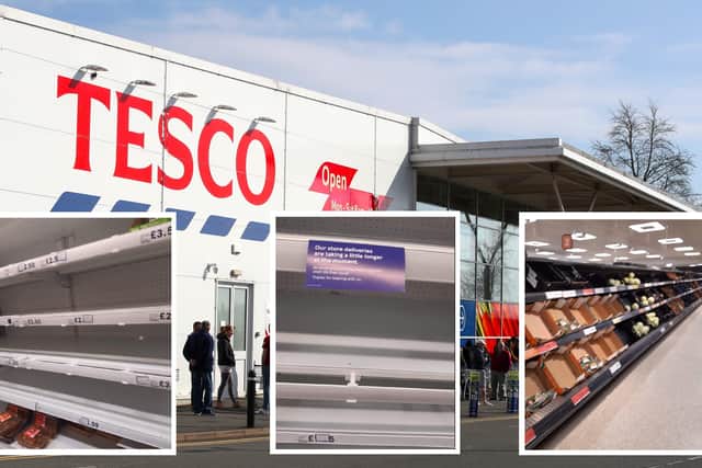 Empty shelves at Tesco (left and centre inset) and Sainsbury's (right inset) yesterday afternoon in Belfast