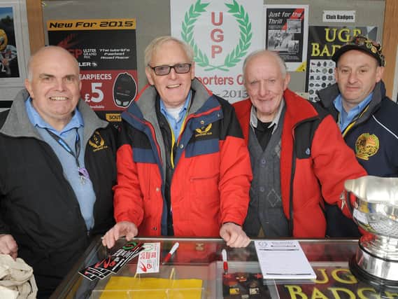 The late Andy Pinkerton (left) pictured with fellow Ulster Grand Prix Supporters Club members Des Stewart (chairman), the late Cecil Calvert and Paul McGovern (treasurer) at the Ulster Grand Prix in 2015.