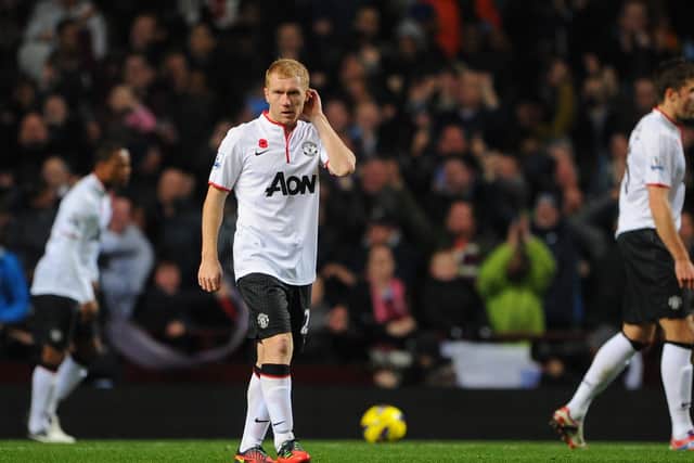 Paul Scholes of Manchester United reacts after his team conceded the second goal during the Barclays Premier league match between Aston Villa and Manchester United at Villa Park on November 10, 2012 in Birmingham, England. (Photo by Michael Regan/Getty Images).