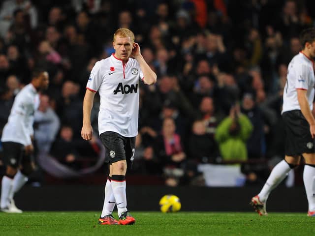 Paul Scholes of Manchester United reacts after his team conceded the second goal during the Barclays Premier league match between Aston Villa and Manchester United at Villa Park on November 10, 2012 in Birmingham, England. (Photo by Michael Regan/Getty Images).