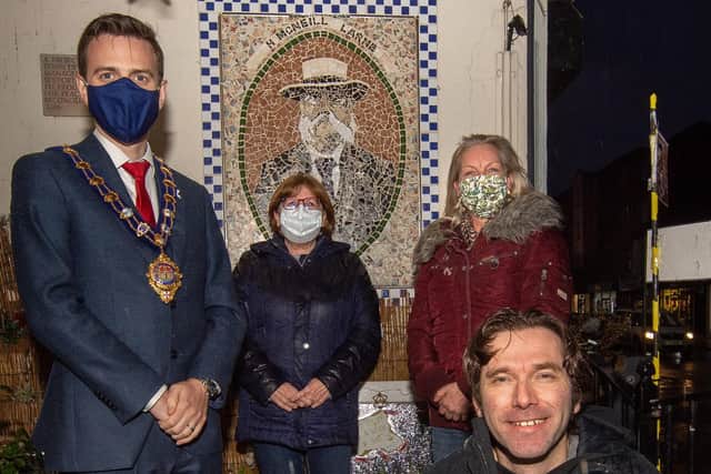 The Mayor of Mid and East Antrim, Councillor Peter Johnston, with Lynda Hill and Andy King, volunteers from LRG and artist Janet Crymble.