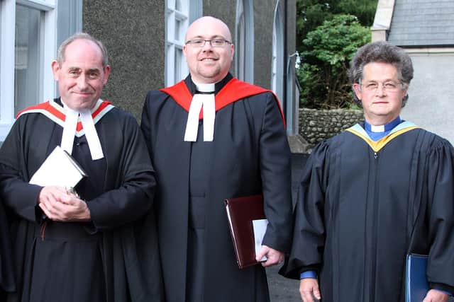 Dr Scott Peddie, centre, who was ordained and installed as minister at the Old Presbyterian Church Templepatrick in September 2008. He is pictured with the Moderator of Presbytery the Reverend B S Cockcroft, right, and the Clerk of Presbytery the Reverend Dr J W Nelson BA, BD. Picture: Antrim Times archive