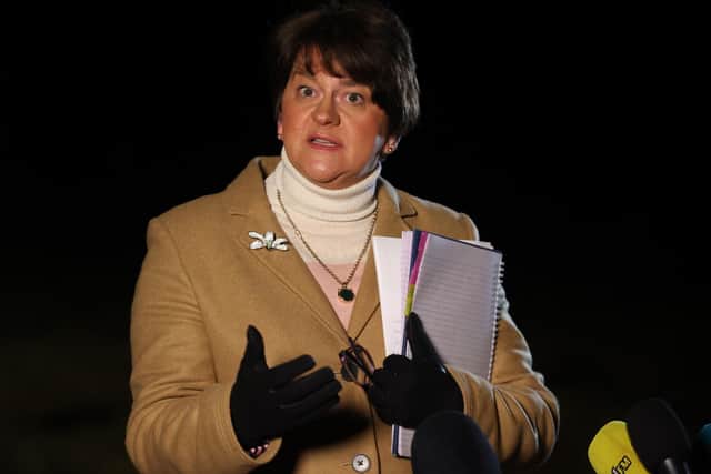 First Minister Arlene Foster addressing the media in Fermanagh. Photo: Liam McBurney/PA Wire