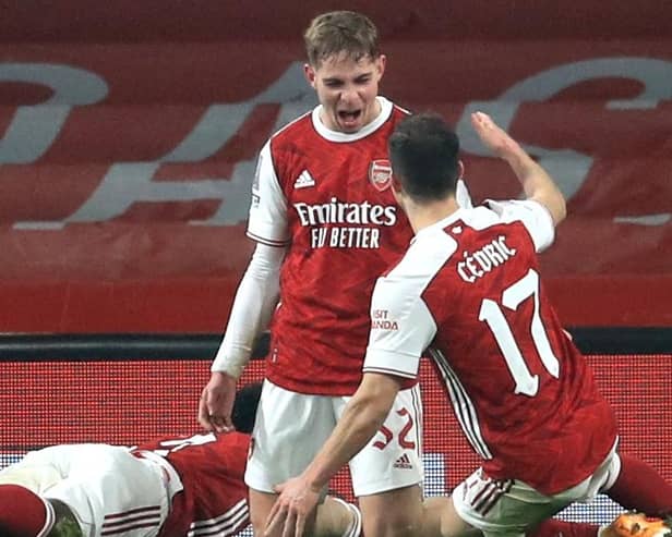 Arsenal’s Emile Smith Rowe celebrates his FA Cup goal on Saturday against Newcastle United. Pic by PA.