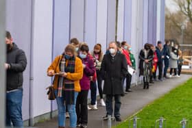 Large queues at the Covid vaccination centre located at The Lakeland Forum, Enniskillen.  Picture: Ronan McGrade/Pacemaker Press