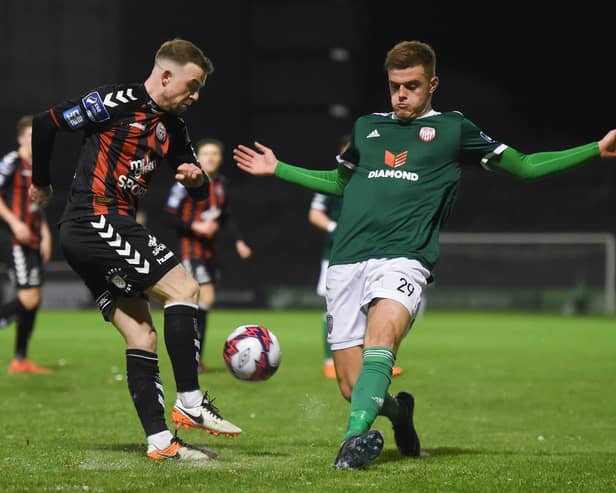 Niall gets in a timely tackle against Keith Ward of Bohemians during a Premier Division match at Dalymount Park in 2018. Picture by David Fitzgerald/Sportsfile