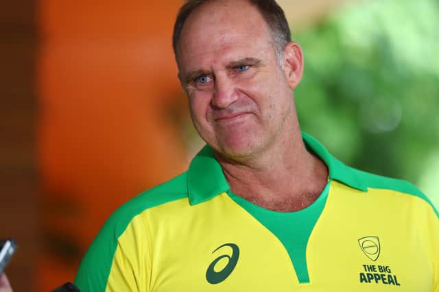 Matthew Hayden speaks to media during a Cricket Australia media opportunity at Allan Border Field on February 05, 2020 in Brisbane, Australia. (Photo by Chris Hyde/Getty Images).