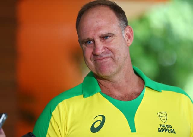 Matthew Hayden speaks to media during a Cricket Australia media opportunity at Allan Border Field on February 05, 2020 in Brisbane, Australia. (Photo by Chris Hyde/Getty Images).